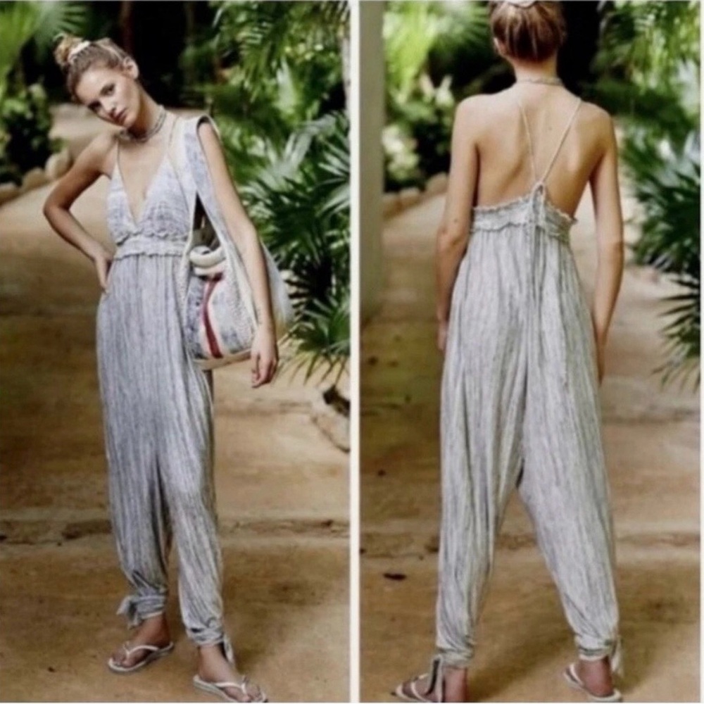 Free People Gray Striped Spaghetti Strap Jumpsuit